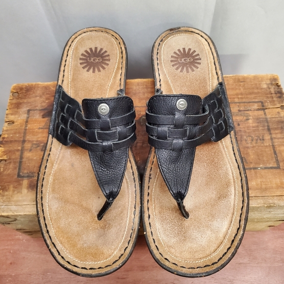 UGG Women's JENAYA Black Woven Leather Thong Sandals Size 9 - Picture 7 of 10